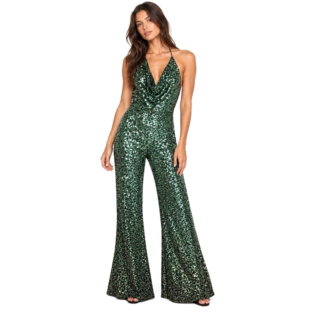 Y2k Sequin 70s Disco Flare Leg  Halter Jumpsuit XS Backles Going Out Holiday NYE